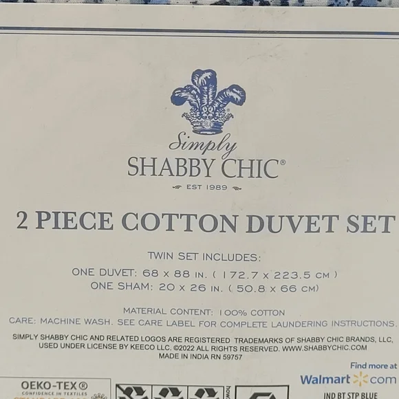 Simply Shabby Chic Duvet Set Indigo Batik Stripe Floral Blue 2 Pc TWIN Size NEW